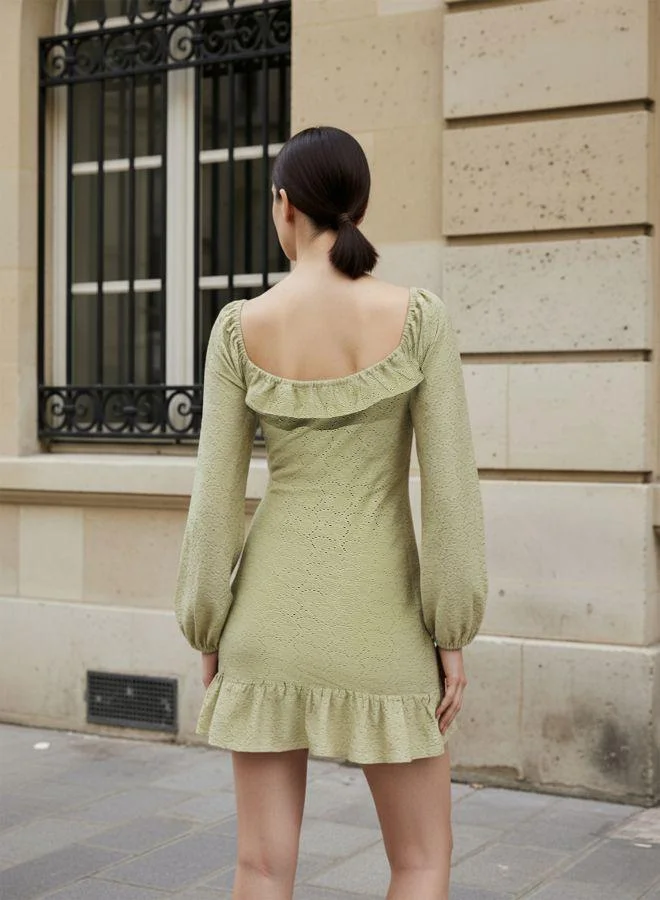 Freehand  Women Fitted Textured Square Neck Full Sleeves Mini Dress for Women | Best Price UAE